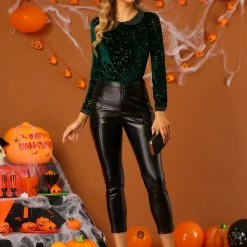 Allegra K Women's Stars Print Peter Pan Collar Long Sleeves Velvet Blouse