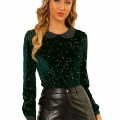 Allegra K Women's Stars Print Peter Pan Collar Long Sleeves Velvet Blouse
