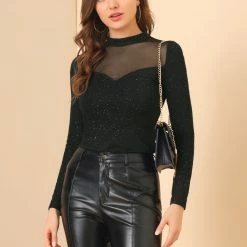 Allegra K Women's Shiny Textured Blouse Long Sleeve Vintage Mesh Panel Top