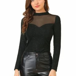 Allegra K Women's Shiny Textured Blouse Long Sleeve Vintage Mesh Panel Top