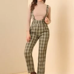 Allegra K Women's Belted Adjustable Straight Wide Leg Plaid Long Overalls 12 Allegra K Women's Belted Adjustable Straight Wide Leg Plaid Long Overalls