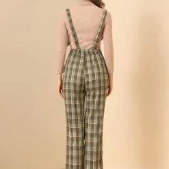 Allegra K Women's Belted Adjustable Straight Wide Leg Plaid Long Overalls 14 Allegra K Women's Belted Adjustable Straight Wide Leg Plaid Long Overalls