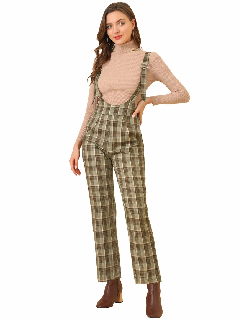 Allegra K Women's Belted Adjustable Straight Wide Leg Plaid Long Overalls 4 Allegra K Women's Belted Adjustable Straight Wide Leg Plaid Long Overalls