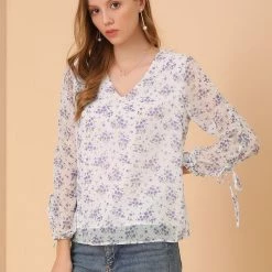 Allegra K Women's Floral Semi-Sheer V Neck Tie Cuff Tops Elegant Chiffon Blouse