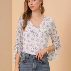 Allegra K Women's Floral Semi-Sheer V Neck Tie Cuff Tops Elegant Chiffon Blouse