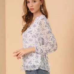 Allegra K Women's Floral Semi-Sheer V Neck Tie Cuff Tops Elegant Chiffon Blouse