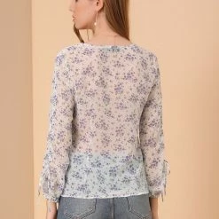 Allegra K Women's Floral Semi-Sheer V Neck Tie Cuff Tops Elegant Chiffon Blouse