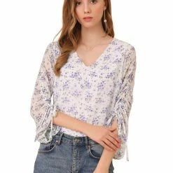 Allegra K Women's Floral Semi-Sheer V Neck Tie Cuff Tops Elegant Chiffon Blouse