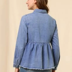Allegra K Women's Long Sleeve Peplum Button Down Denim Shirt