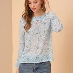Allegra K Women's Floral Print Ruffle Collar Keyhole Front Long Sleeve Chiffon Tops
