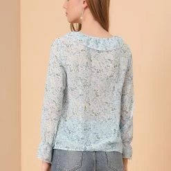 Allegra K Women's Floral Print Ruffle Collar Keyhole Front Long Sleeve Chiffon Tops
