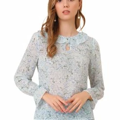Allegra K Women's Floral Print Ruffle Collar Keyhole Front Long Sleeve Chiffon Tops