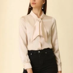 Allegra K Women's Button Down Shirt Tie Neck Satin Blouse Business Casual Tops