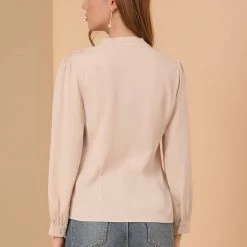 Allegra K Women's V Neck Lace Trim Ladies Tops Casual Work Office Fashion Long Sleeve Blouses