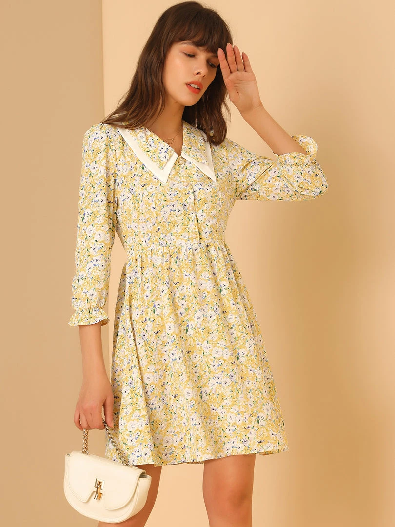Allegra K Women's Ditsy Floral Printed Dresses Half Placket Puff Sleeve Peter Pan Collar Chiffon Dress 5 Allegra K Women's Ditsy Floral Printed Dresses Half Placket Puff Sleeve Peter Pan Collar Chiffon Dress