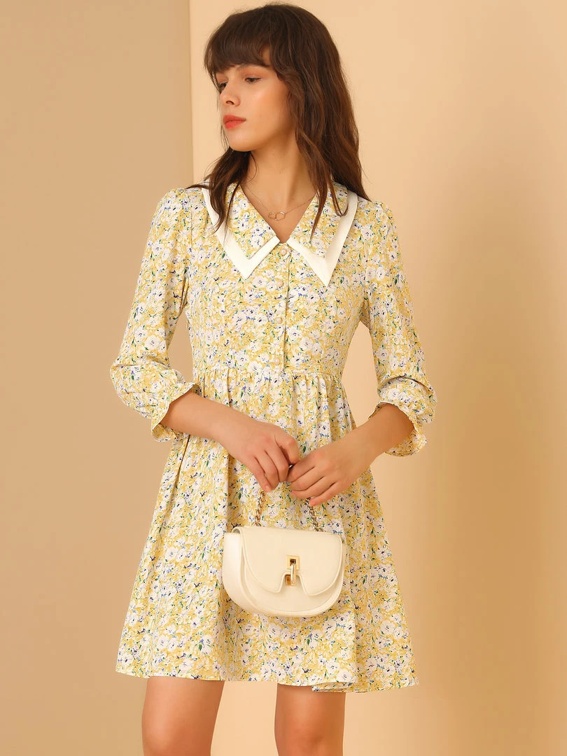 Allegra K Women's Ditsy Floral Printed Dresses Half Placket Puff Sleeve Peter Pan Collar Chiffon Dress 6 Allegra K Women's Ditsy Floral Printed Dresses Half Placket Puff Sleeve Peter Pan Collar Chiffon Dress