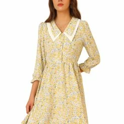 Allegra K Women's Ditsy Floral Printed Dresses Half Placket Puff Sleeve Peter Pan Collar Chiffon Dress