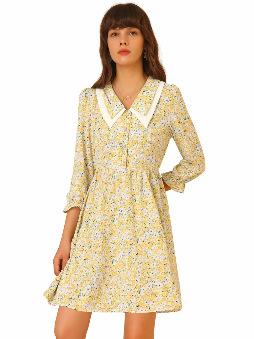 Allegra K Women's Ditsy Floral Printed Dresses Half Placket Puff Sleeve Peter Pan Collar Chiffon Dress 4 Allegra K Women's Ditsy Floral Printed Dresses Half Placket Puff Sleeve Peter Pan Collar Chiffon Dress