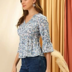 Allegra K Women's Floral Print V-Neck Babydoll Blouse Elegant Bell Sleeve Peplum Top 13 Allegra K Women's Floral Print V-Neck Babydoll Blouse Elegant Bell Sleeve Peplum Top