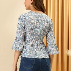 Allegra K Women's Floral Print V-Neck Babydoll Blouse Elegant Bell Sleeve Peplum Top 14 Allegra K Women's Floral Print V-Neck Babydoll Blouse Elegant Bell Sleeve Peplum Top