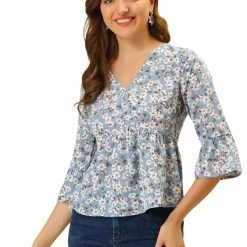 Allegra K Women's Floral Print V-Neck Babydoll Blouse Elegant Bell Sleeve Peplum Top