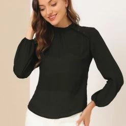 Allegra K Women's Semi-Sheer Top Elegant Stand Collar Chiffon Work Blouses 11 Allegra K Women's Semi-Sheer Top Elegant Stand Collar Chiffon Work Blouses