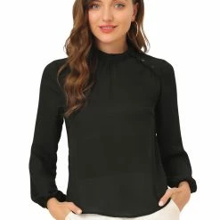 Allegra K Women's Semi-Sheer Top Elegant Stand Collar Chiffon Work Blouses