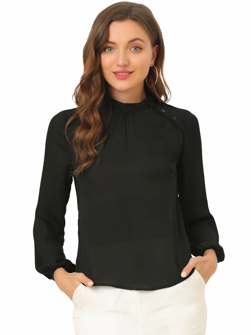 Allegra K Women's Semi-Sheer Top Elegant Stand Collar Chiffon Work Blouses 4 Allegra K Women's Semi-Sheer Top Elegant Stand Collar Chiffon Work Blouses