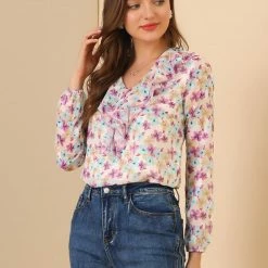 Allegra K Women's V Neck Floral Jacquard Semi-Sheer Sleeve Ruffled Neck Sweet Chiffon Blouse 13 Allegra K Women's V Neck Floral Jacquard Semi-Sheer Sleeve Ruffled Neck Sweet Chiffon Blouse