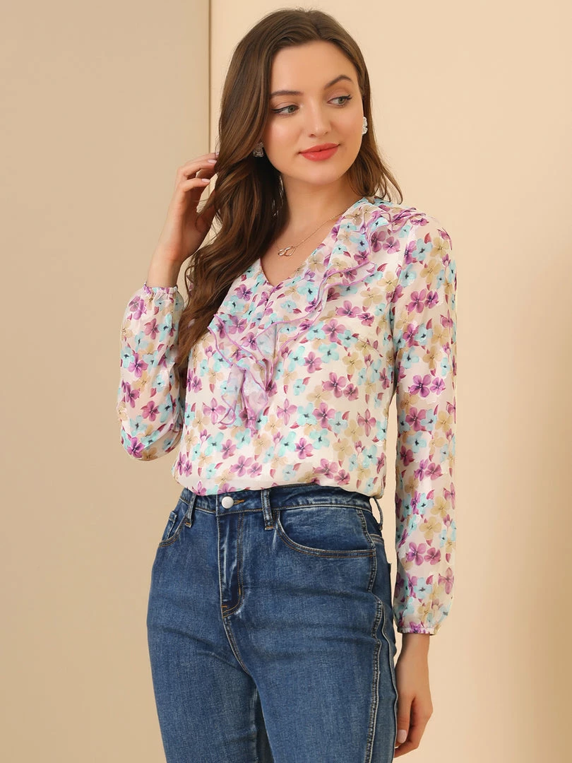 Allegra K Women's V Neck Floral Jacquard Semi-Sheer Sleeve Ruffled Neck Sweet Chiffon Blouse 6 Allegra K Women's V Neck Floral Jacquard Semi-Sheer Sleeve Ruffled Neck Sweet Chiffon Blouse