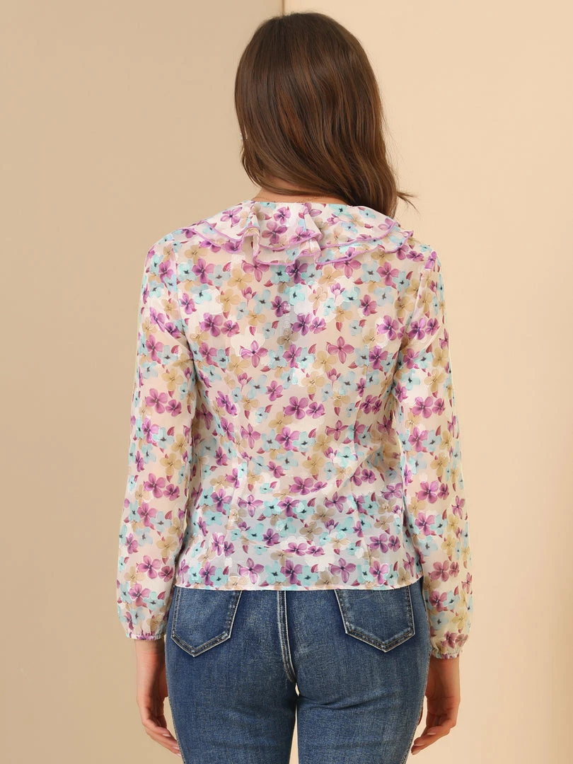 Allegra K Women's V Neck Floral Jacquard Semi-Sheer Sleeve Ruffled Neck Sweet Chiffon Blouse 9 Allegra K Women's V Neck Floral Jacquard Semi-Sheer Sleeve Ruffled Neck Sweet Chiffon Blouse