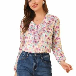 Allegra K Women's V Neck Floral Jacquard Semi-Sheer Sleeve Ruffled Neck Sweet Chiffon Blouse 12 Allegra K Women's V Neck Floral Jacquard Semi-Sheer Sleeve Ruffled Neck Sweet Chiffon Blouse