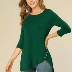 Allegra K Women's 3/4 Sleeve Casual Asymmetric Hem Stretchy Tunic Top