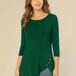 Allegra K Women's 3/4 Sleeve Casual Asymmetric Hem Stretchy Tunic Top