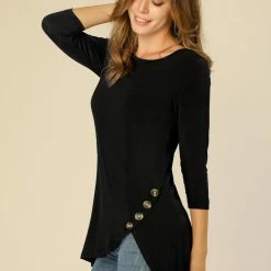 Allegra K Women's 3/4 Sleeve Casual Asymmetric Hem Stretchy Tunic Top