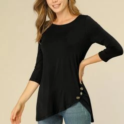 Allegra K Women's 3/4 Sleeve Casual Asymmetric Hem Stretchy Tunic Top