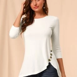 Allegra K Women's 3/4 Sleeve Casual Asymmetric Hem Stretchy Tunic Top