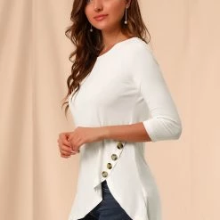 Allegra K Women's 3/4 Sleeve Casual Asymmetric Hem Stretchy Tunic Top