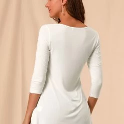 Allegra K Women's 3/4 Sleeve Casual Asymmetric Hem Stretchy Tunic Top