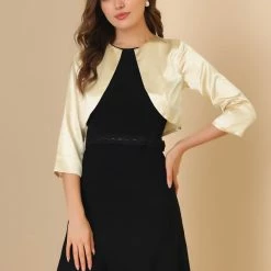 Allegra K Women's Satin Cardigan Elegant 3/4 Sleeve Solid Bolero Shrug Tops