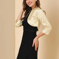 Allegra K Women's Satin Cardigan Elegant 3/4 Sleeve Solid Bolero Shrug Tops