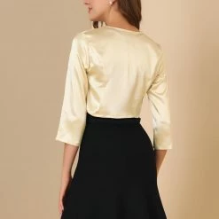 Allegra K Women's Satin Cardigan Elegant 3/4 Sleeve Solid Bolero Shrug Tops