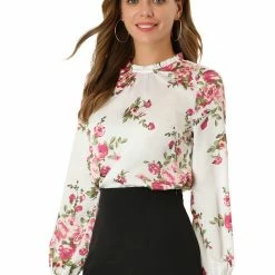 Allegra K Women's Elegant Top Crew Neck Satin Vintage Long Sleeves Floral Blouse