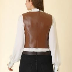 Allegra K Women's Vintage Vest Button Front Sleeveless PU Faux Leather Vest 14 Allegra K Women's Vintage Vest Button Front Sleeveless PU Faux Leather Vest