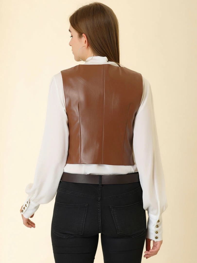 Allegra K Women's Vintage Vest Button Front Sleeveless PU Faux Leather Vest 8 Allegra K Women's Vintage Vest Button Front Sleeveless PU Faux Leather Vest