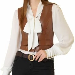 Allegra K Women's Vintage Vest Button Front Sleeveless PU Faux Leather Vest