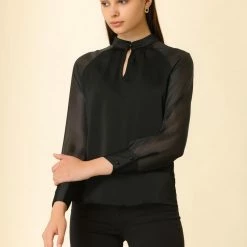 Allegra K Women's Long Sleeve Keyhole Neck Sheer Satin Blouse