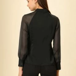 Allegra K Women's Long Sleeve Keyhole Neck Sheer Satin Blouse