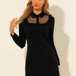 Allegra K Women's Mesh Sheer Panel Peter Pan Collar Dots A-line Mini Dress