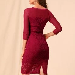 Allegra K Women's Elegant Mesh Sheer Long Sleeve Stretch Knit Floral Lace Dress